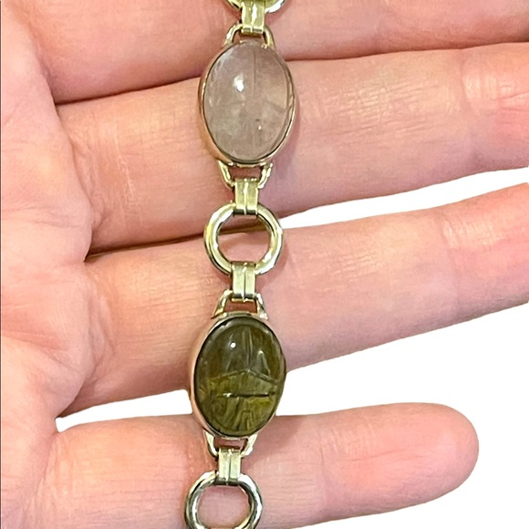 Vintage 10K Gold Filled Egypt SCARAB carved stone bug link bracelet - Picture 5 of 10